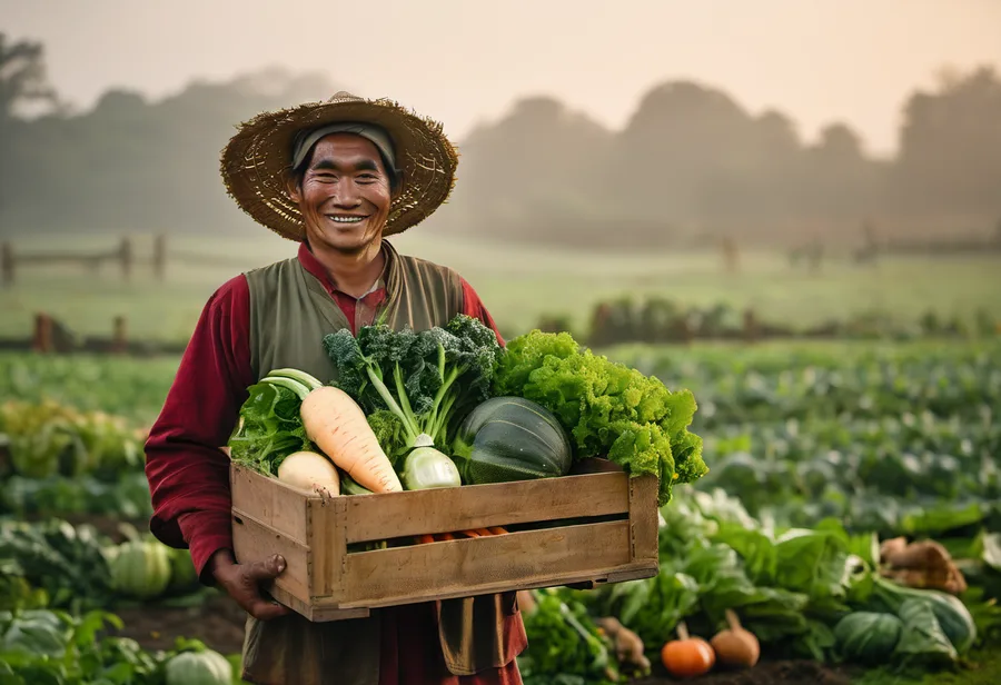 A farmer holding a crate of freshly harvested vegetables