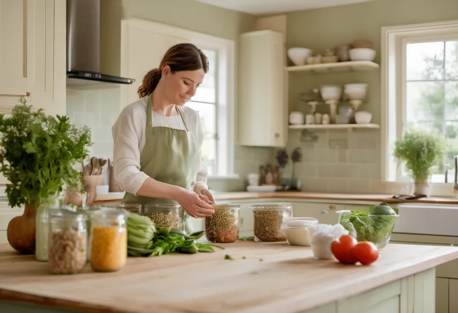 A cook portioning freshly cooked pet food in a small kitchen